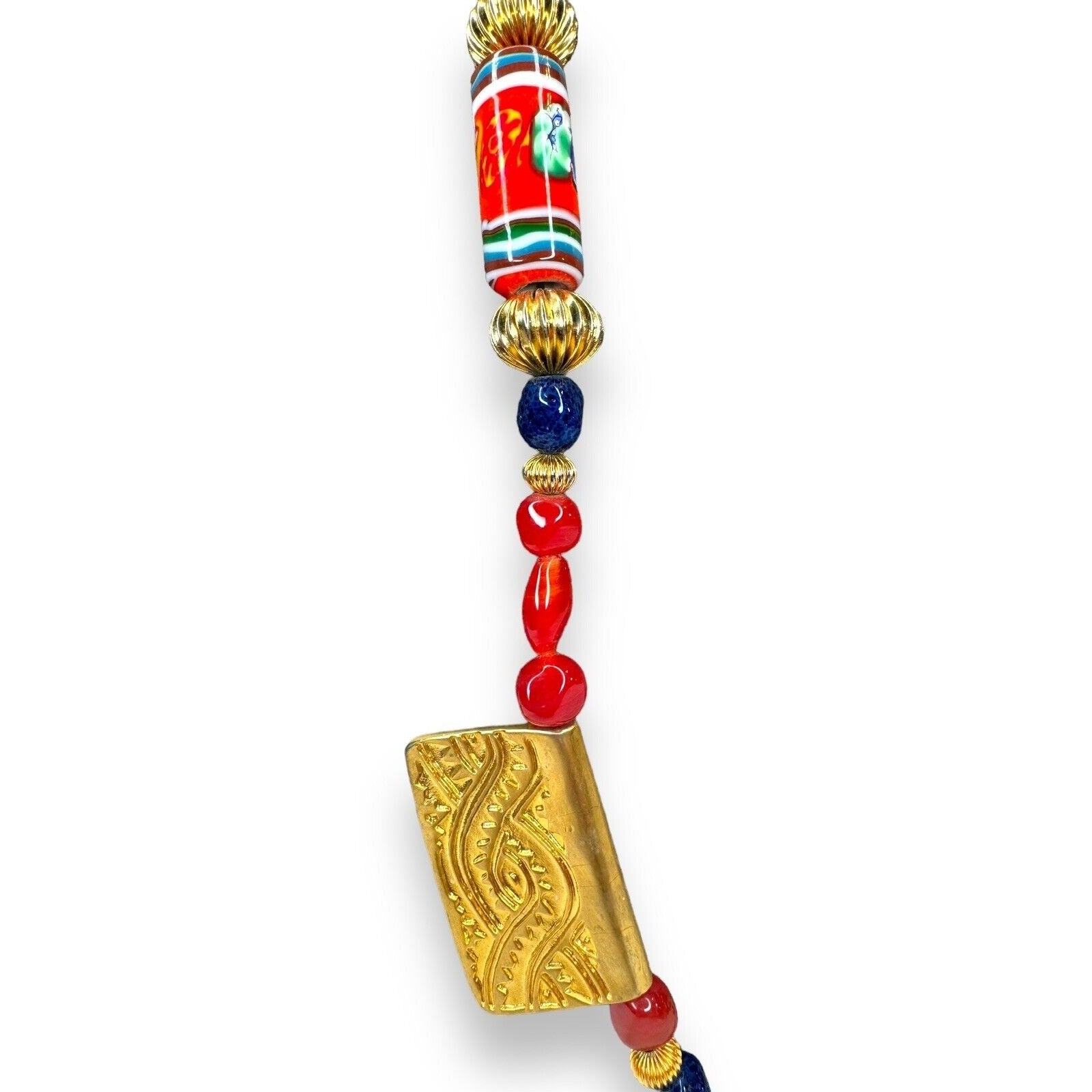 Vintage Chunky Millefiori Art Glass Goldtone Statement Necklace 27” Spring ring