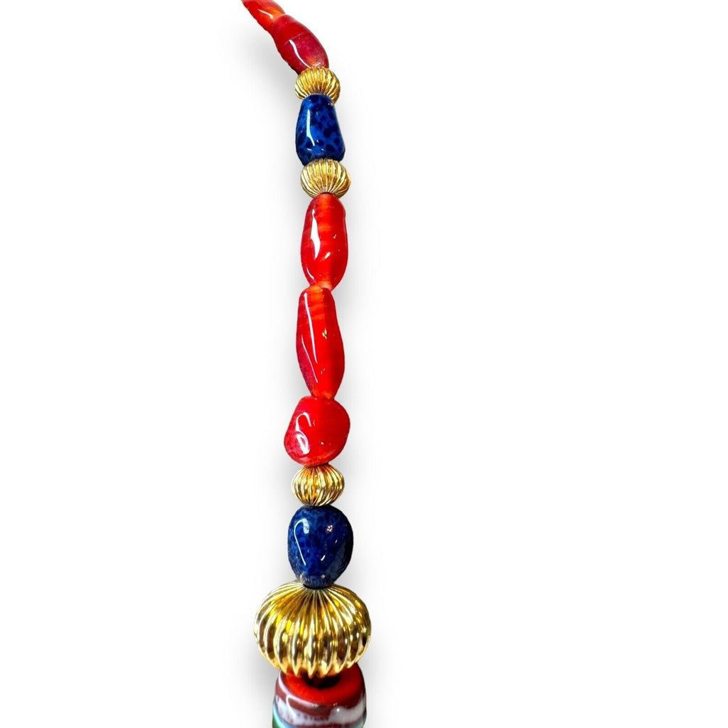 Vintage Chunky Millefiori Art Glass Goldtone Statement Necklace 27” Spring ring