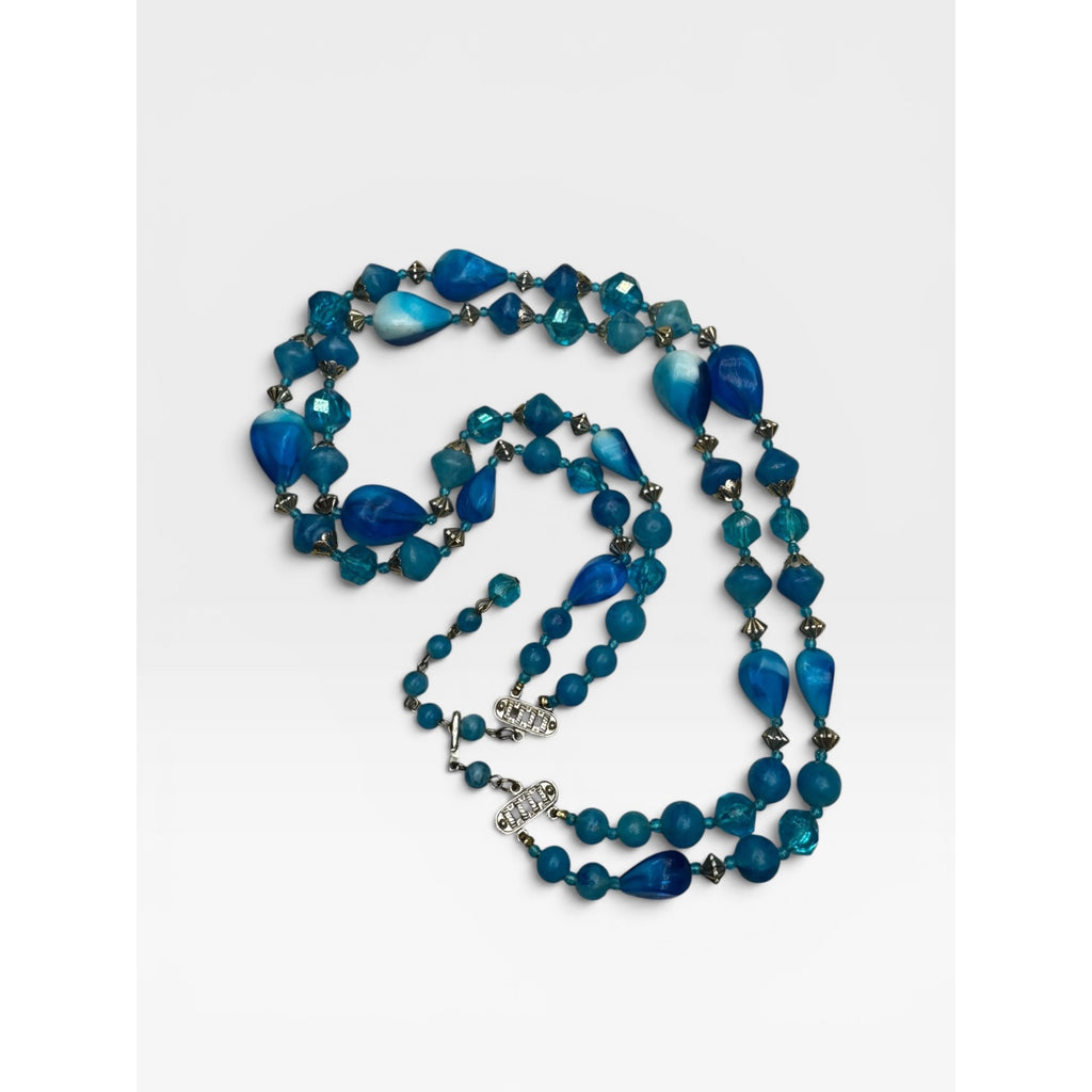 Hong Kong Blue Swirl Acrylic Beaded 1960s Chunky Adjustable Necklace Vintage