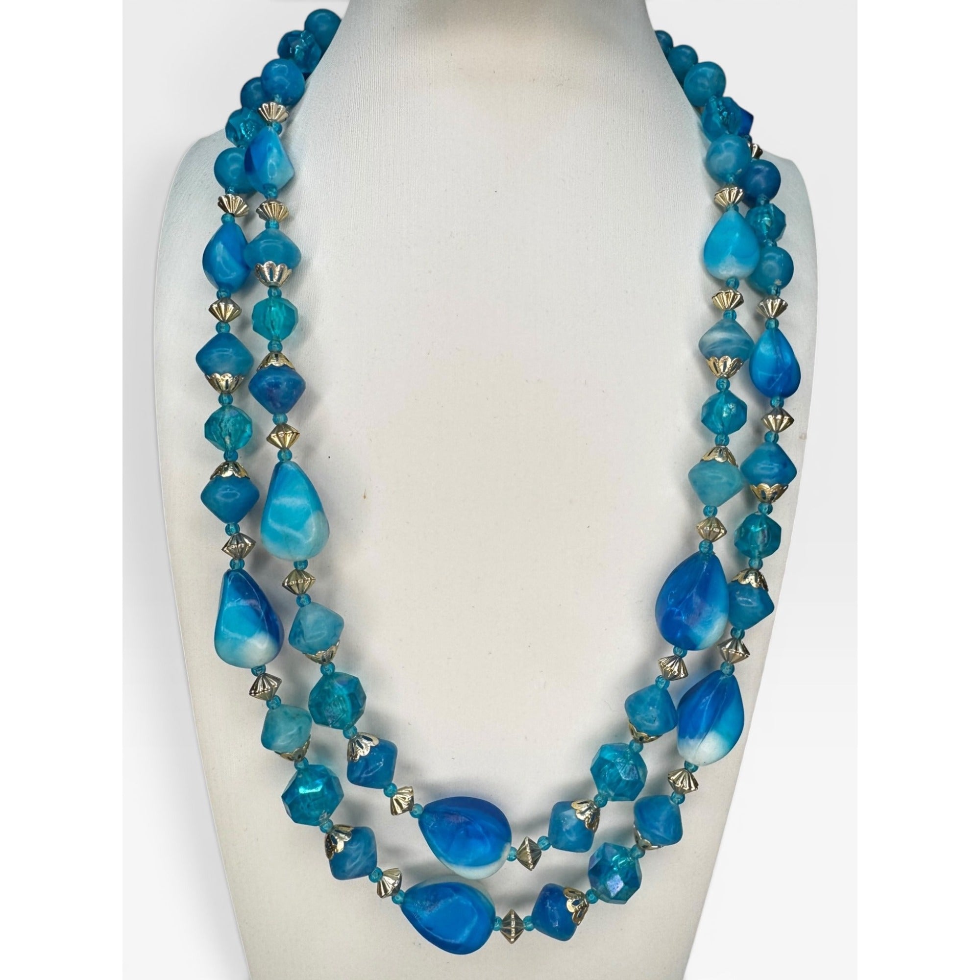 Hong Kong Blue Swirl Acrylic Beaded 1960s Chunky Adjustable Necklace Vintage