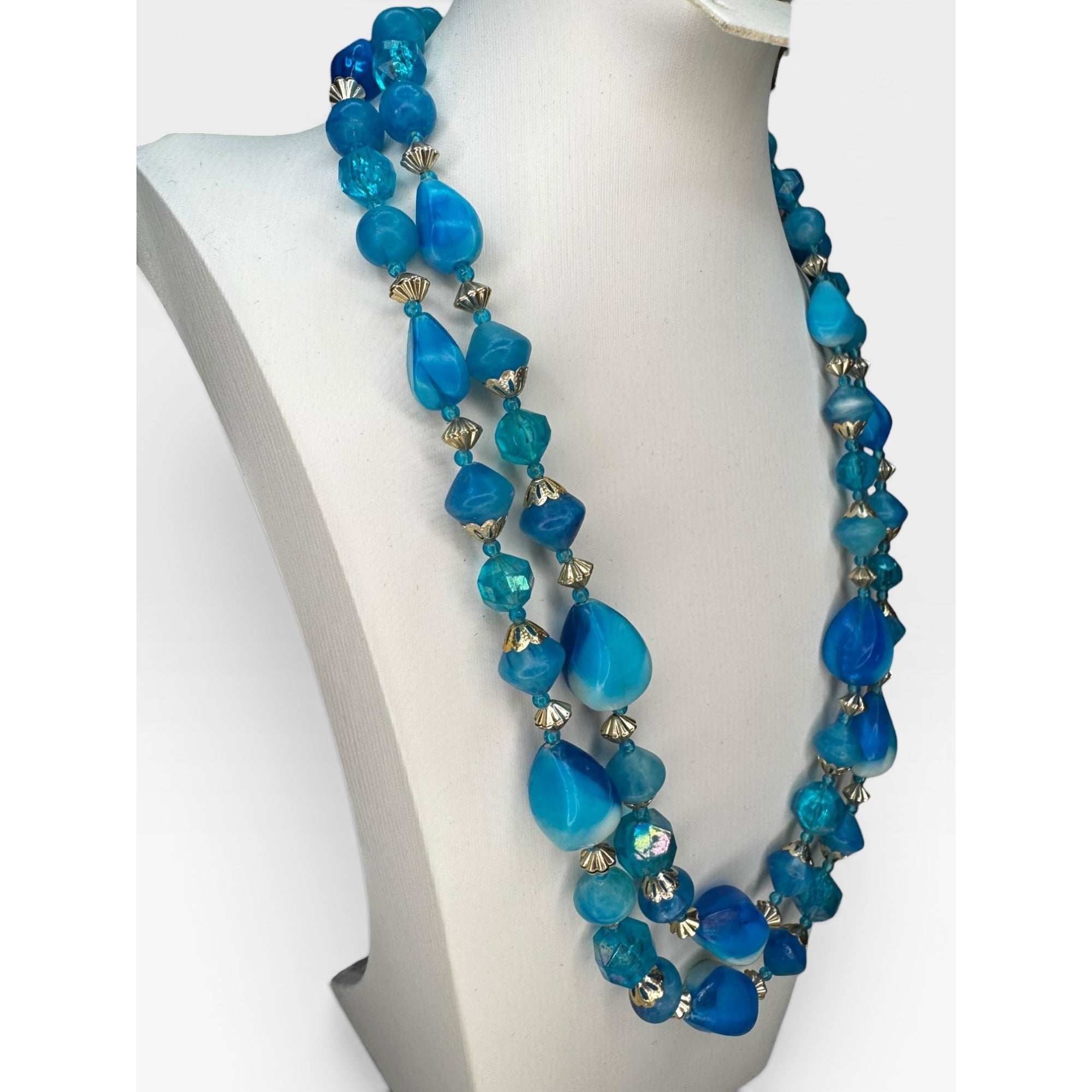 Hong Kong Blue Swirl Acrylic Beaded 1960s Chunky Adjustable Necklace Vintage