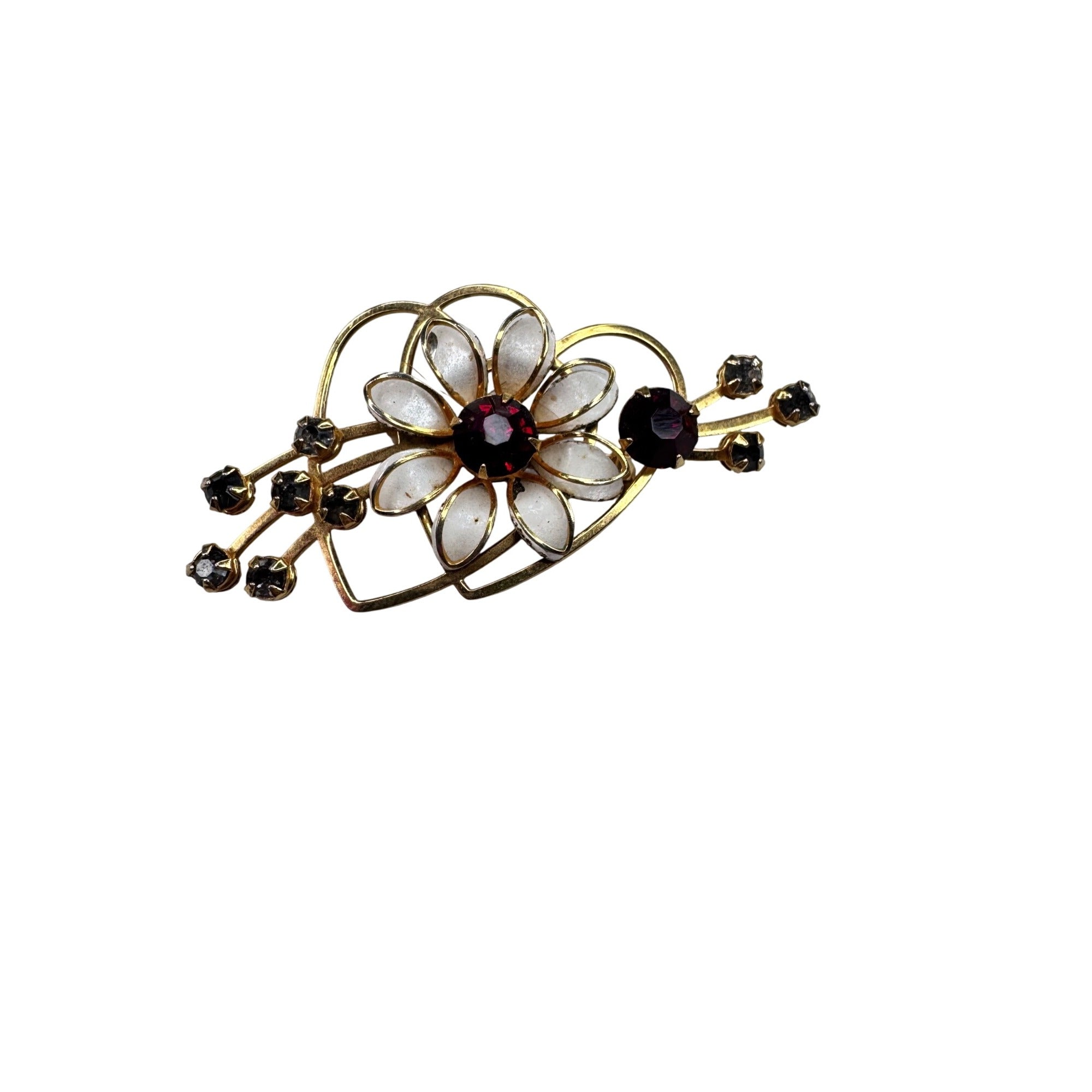 Unsigned Red Gray Crystal Enamel Flower Brooch Gold Tone 1950s Vintage