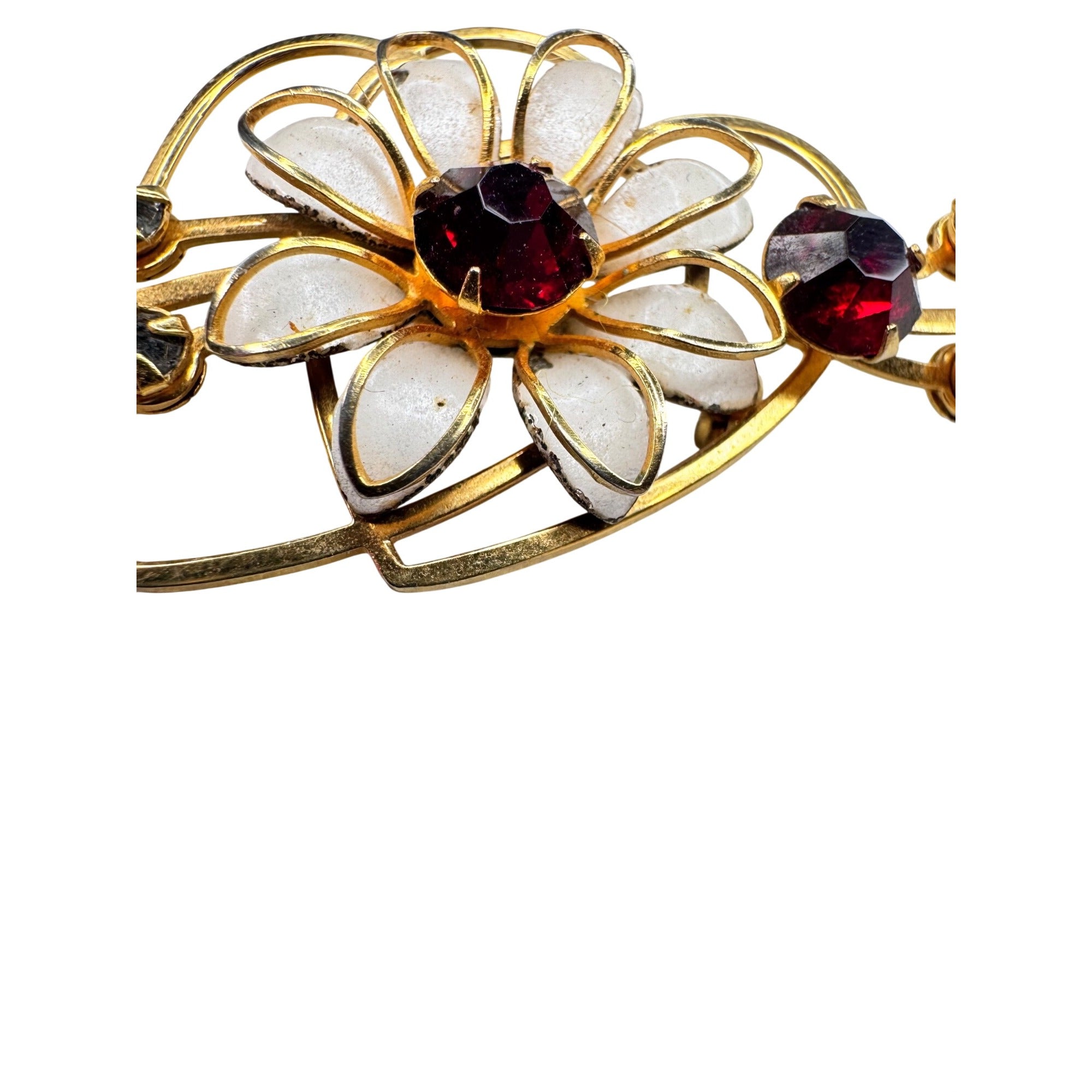 Unsigned Red Gray Crystal Enamel Flower Brooch Gold Tone 1950s Vintage