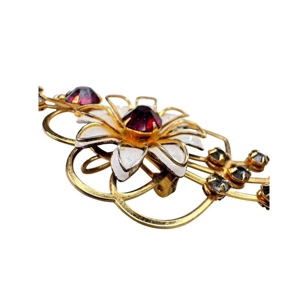 Unsigned Red Gray Crystal Enamel Flower Brooch Gold Tone 1950s Vintage