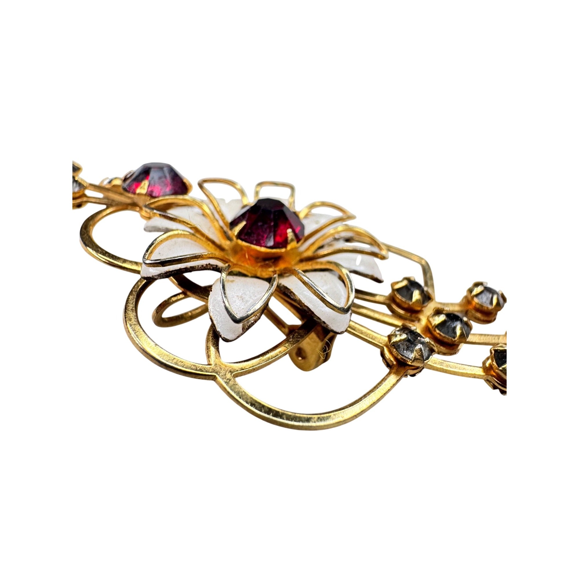 Unsigned Red Gray Crystal Enamel Flower Brooch Gold Tone 1950s Vintage