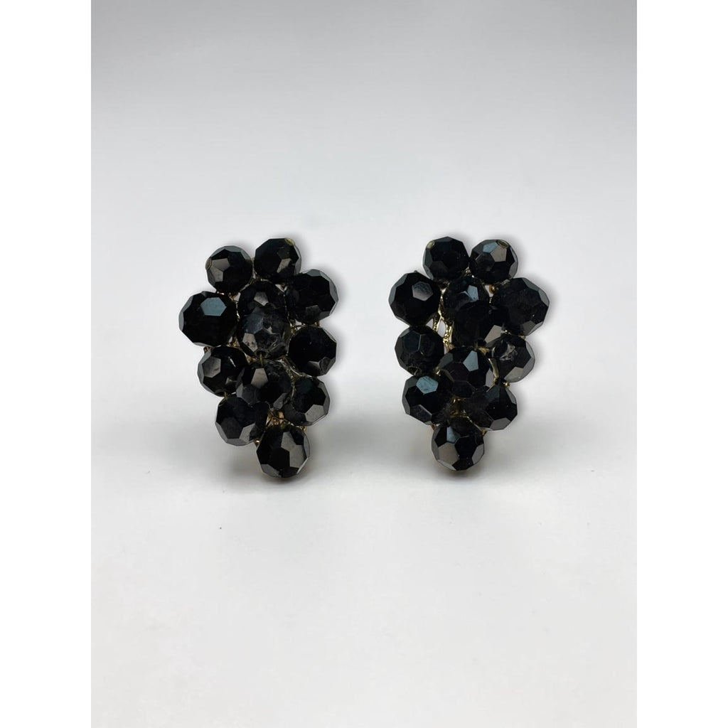 Judith McCann Wingback Faceted Black Crystal Gold Tone Earrings 1950s Vintage