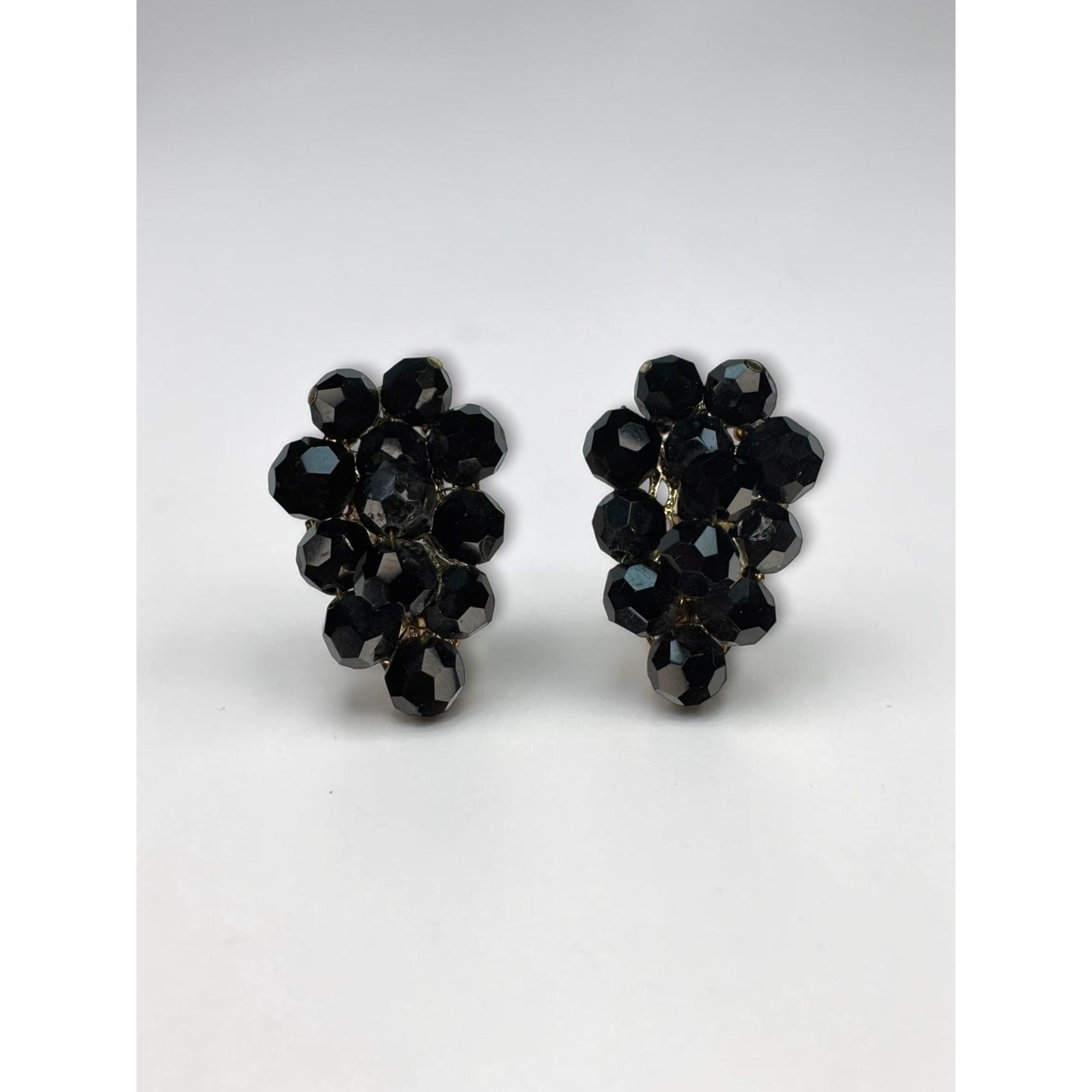 Judith McCann Wingback Faceted Black Crystal Gold Tone Earrings 1950s Vintage