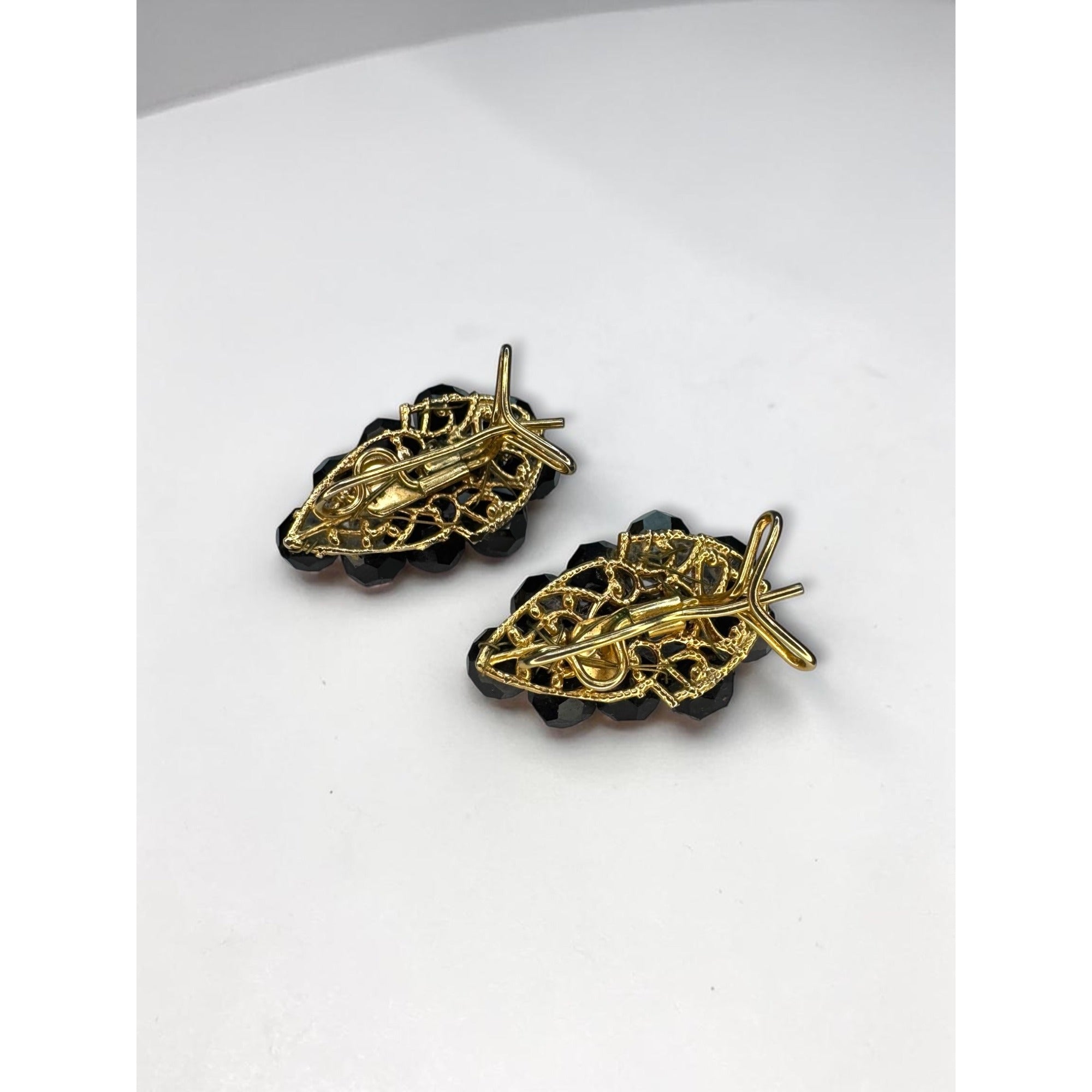 Judith McCann Wingback Faceted Black Crystal Gold Tone Earrings 1950s Vintage