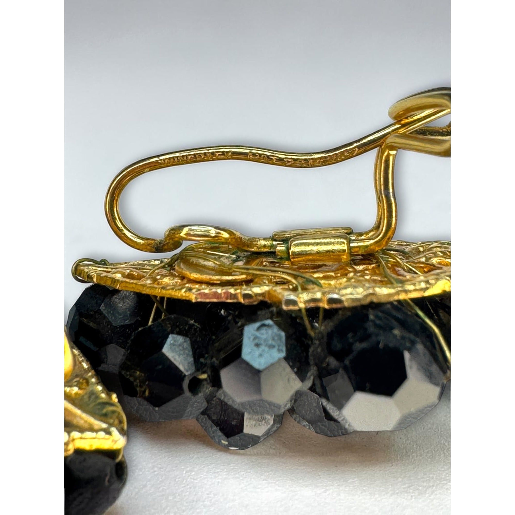 Judith McCann Wingback Faceted Black Crystal Gold Tone Earrings 1950s Vintage