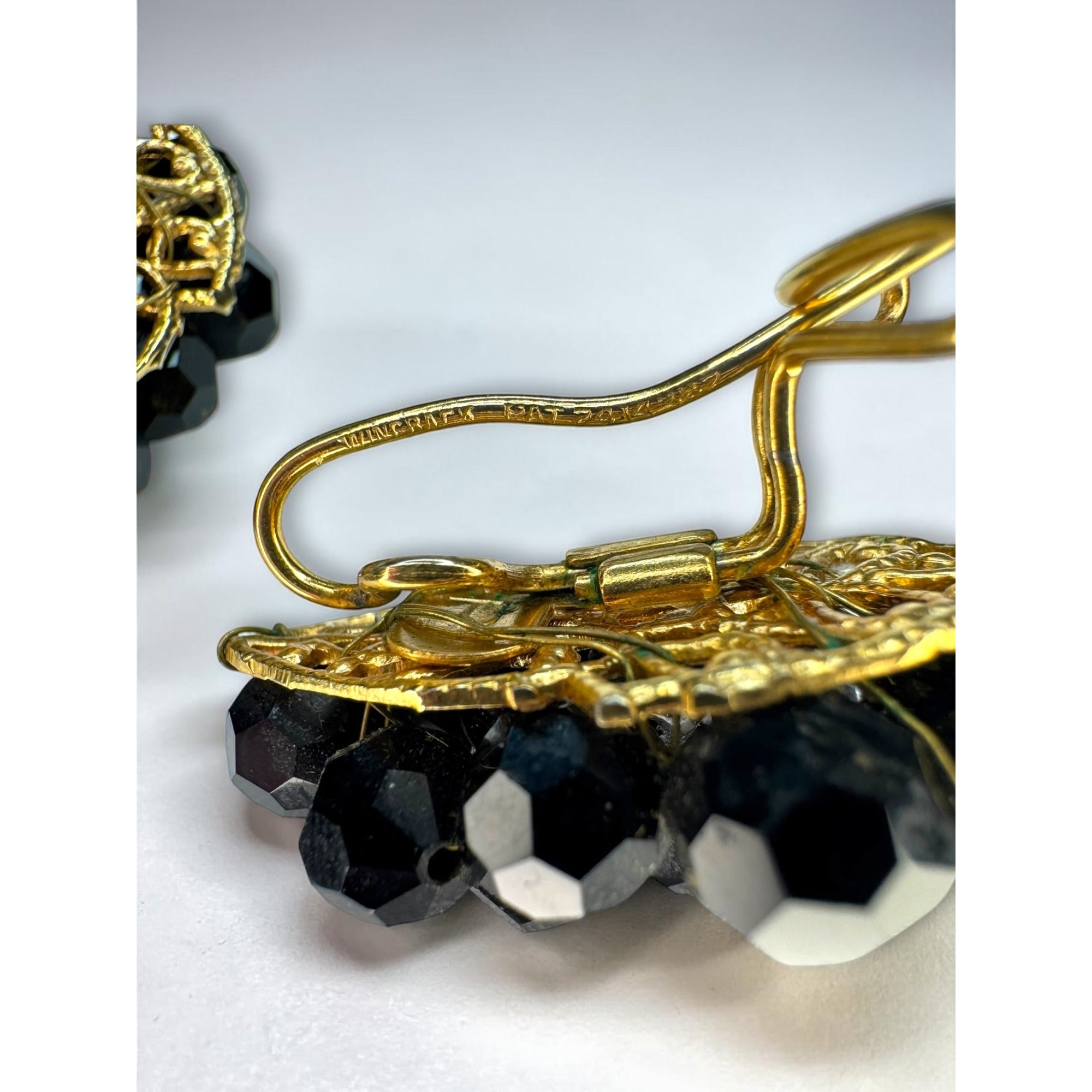 Judith McCann Wingback Faceted Black Crystal Gold Tone Earrings 1950s Vintage