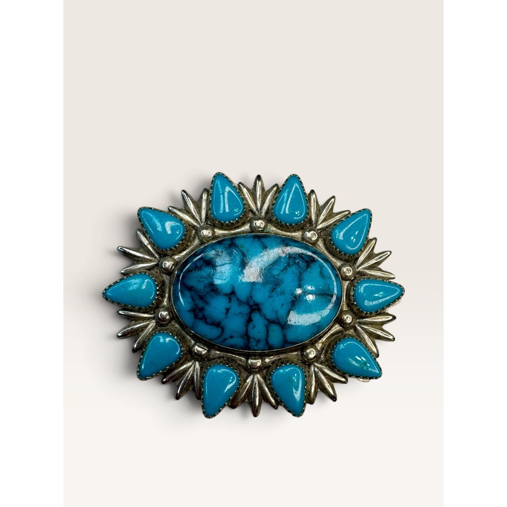 Bell Trading Post Vintage Southwestern Faux Turquoise Nickel Silver Brooch 1.77"