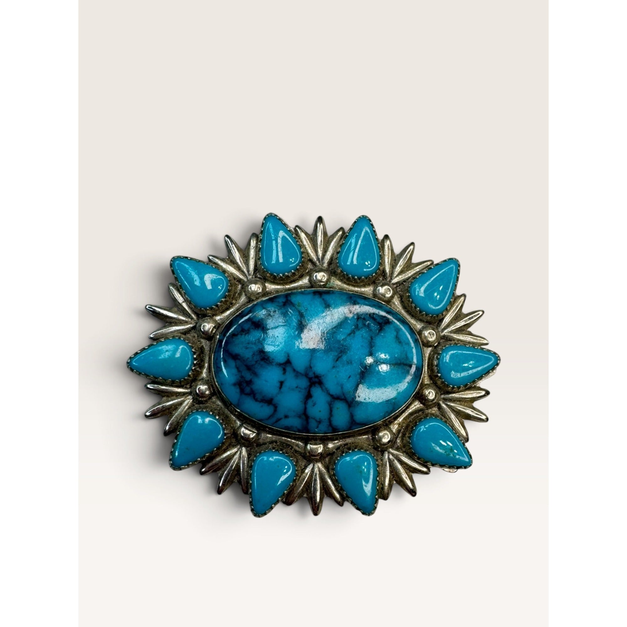 Bell Trading Post Vintage Southwestern Faux Turquoise Nickel Silver Brooch 1.77"