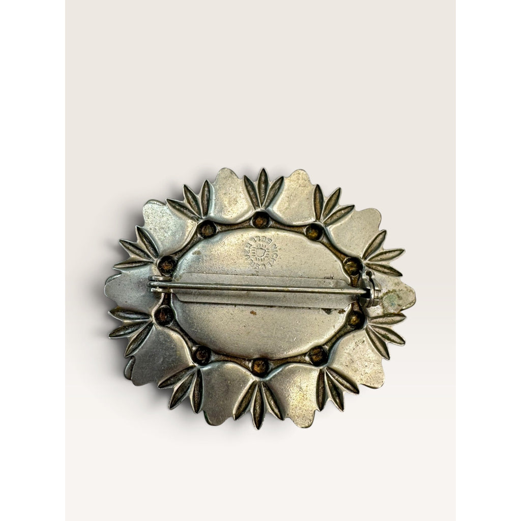 Bell Trading Post Vintage Southwestern Faux Turquoise Nickel Silver Brooch 1.77"