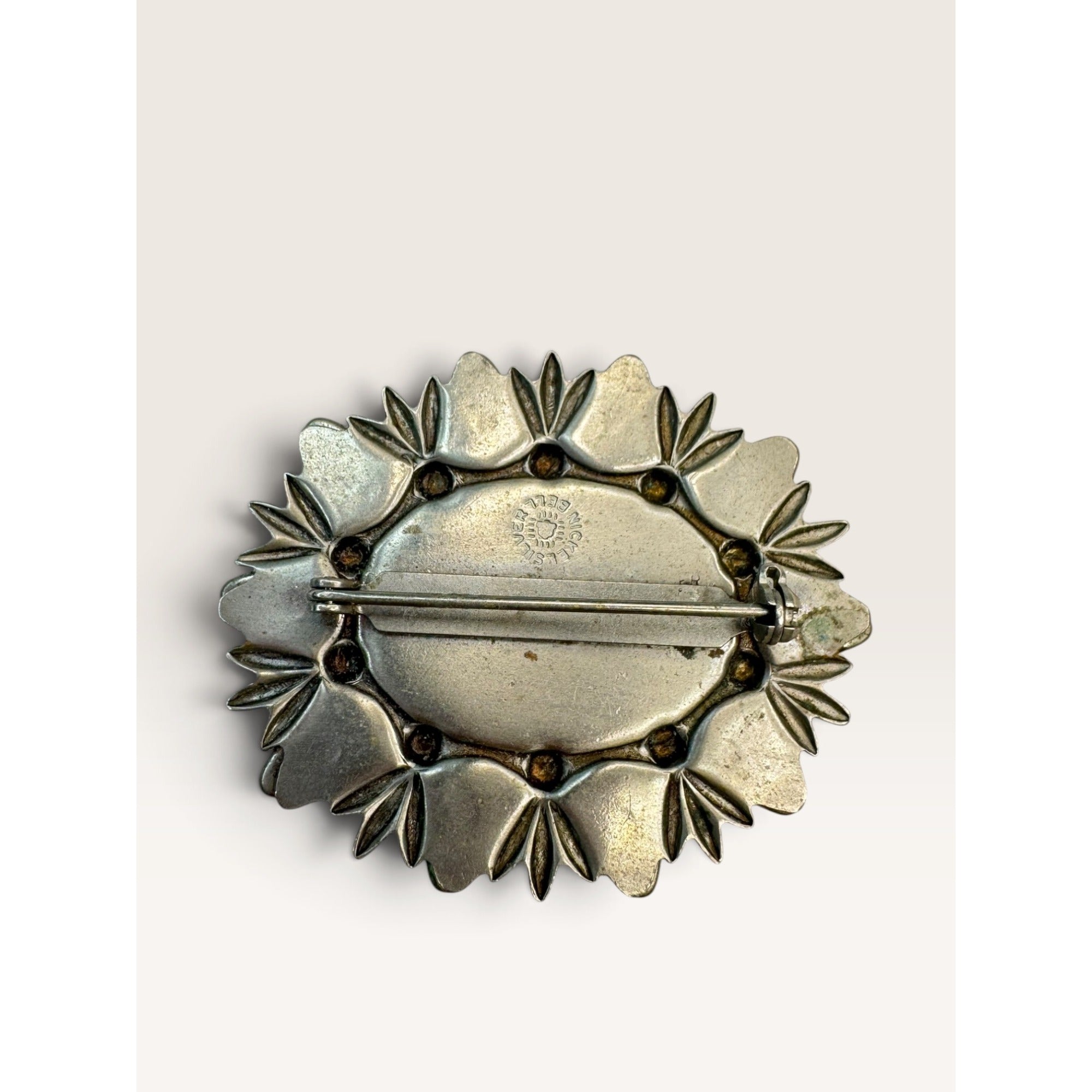 Bell Trading Post Vintage Southwestern Faux Turquoise Nickel Silver Brooch 1.77"
