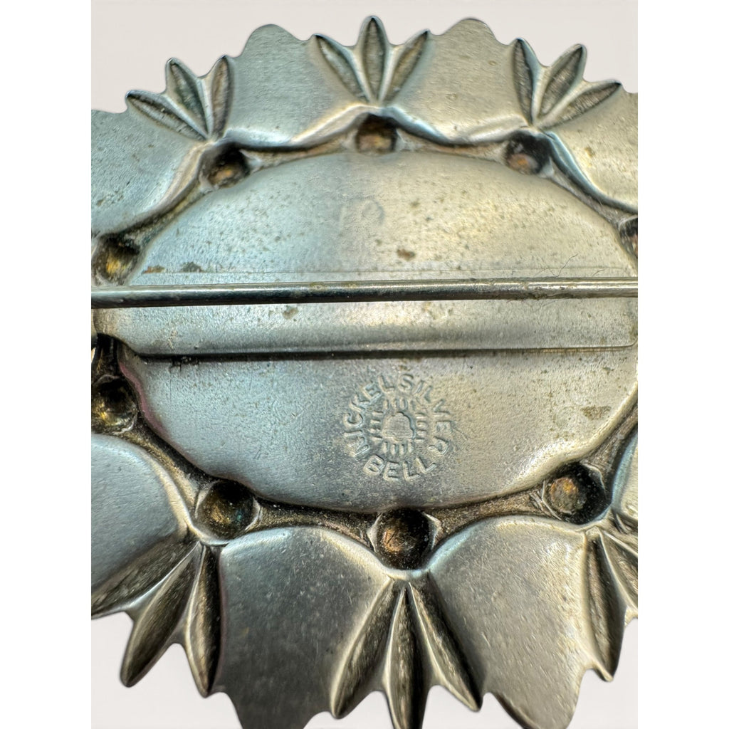 Bell Trading Post Vintage Southwestern Faux Turquoise Nickel Silver Brooch 1.77"