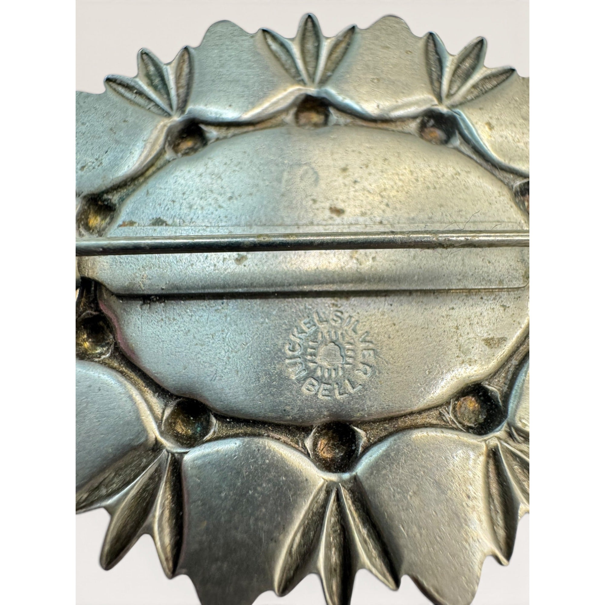 Bell Trading Post Vintage Southwestern Faux Turquoise Nickel Silver Brooch 1.77"
