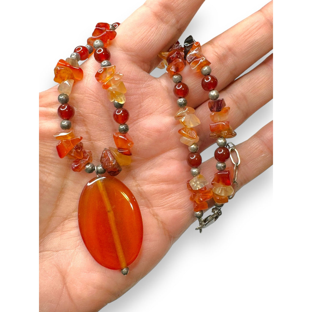 Sterling Silver Carnelian Agate Beaded Necklace Lobster Claw 16.75"-18"