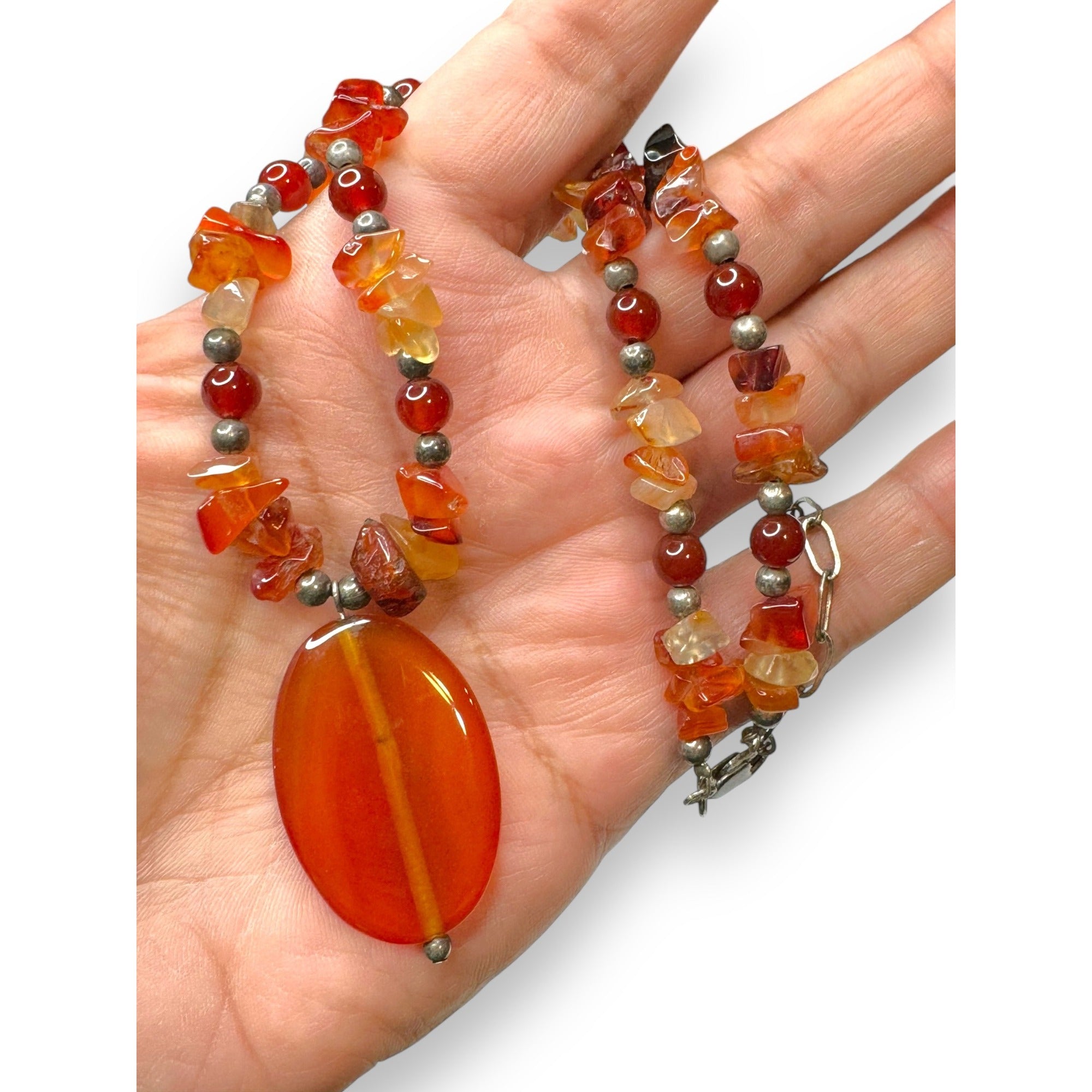 Sterling Silver Carnelian Agate Beaded Necklace Lobster Claw 16.75"-18"