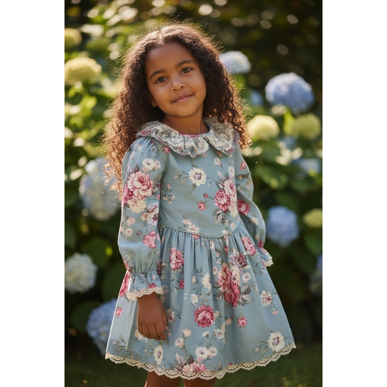 Vintage Le Maj Blue Pink Floral Cotton Toddler Dress Size 5 Made In USA