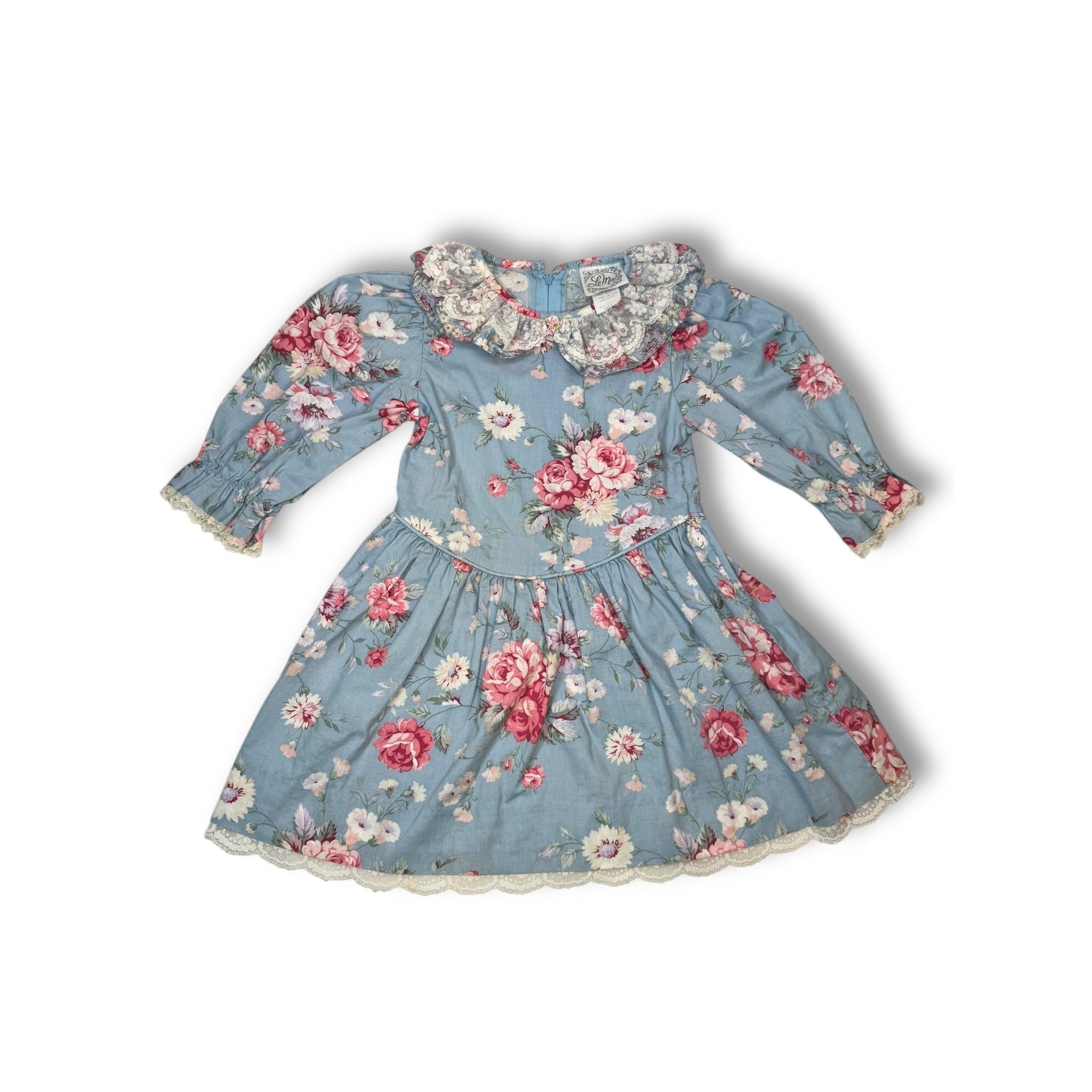 Vintage Le Maj Blue Pink Floral Cotton Toddler Dress Size 5 Made In USA