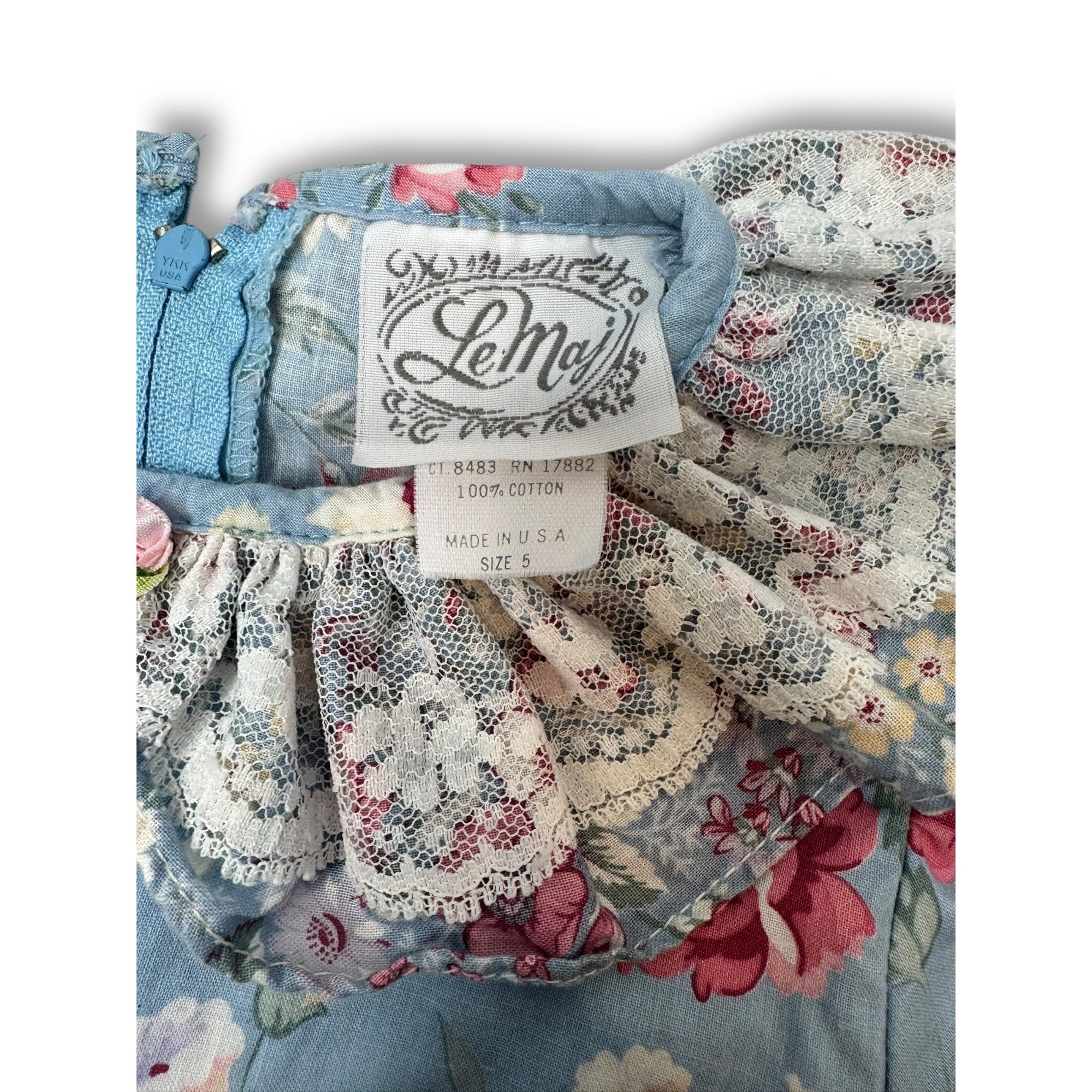 Vintage Le Maj Blue Pink Floral Cotton Toddler Dress Size 5 Made In USA