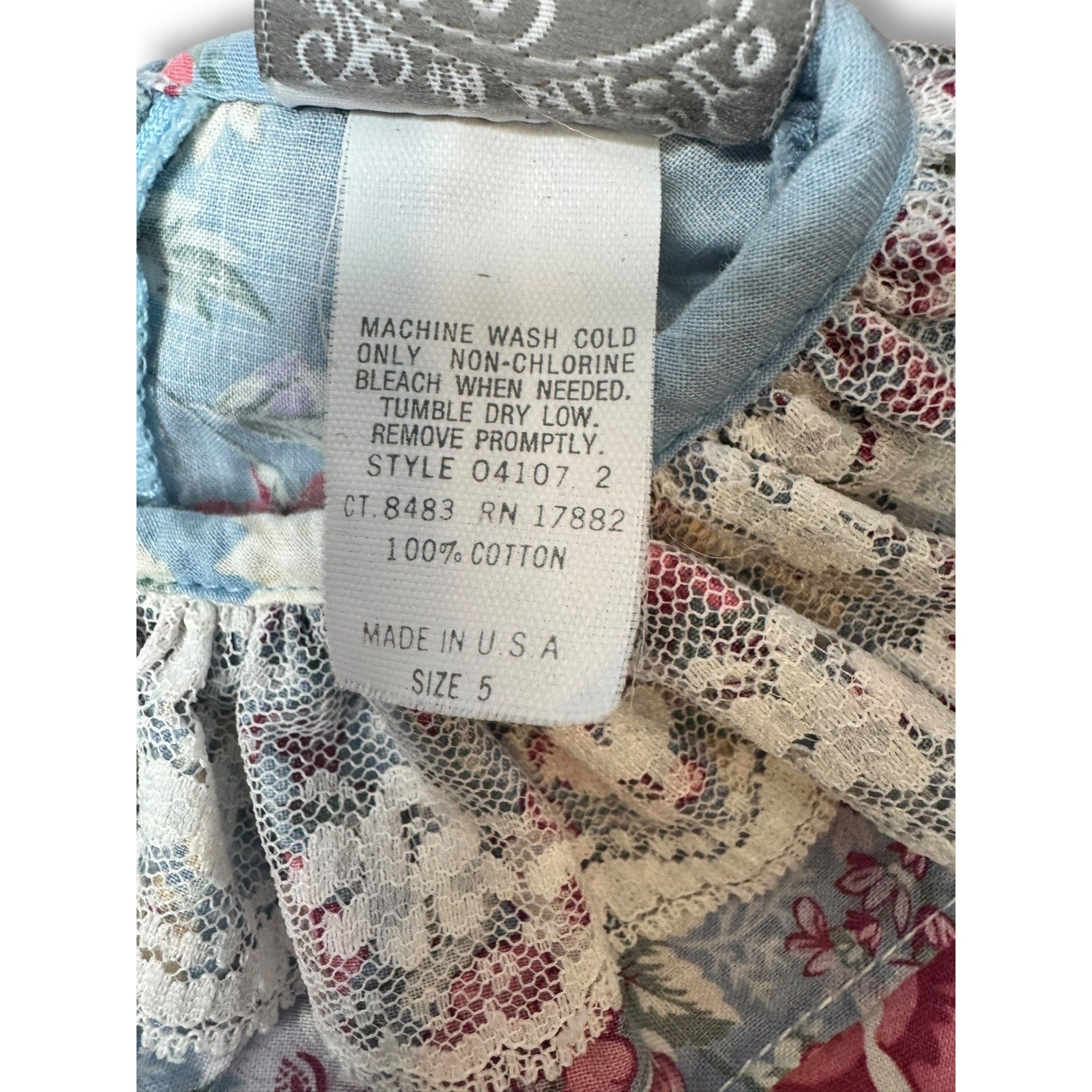 Vintage Le Maj Blue Pink Floral Cotton Toddler Dress Size 5 Made In USA