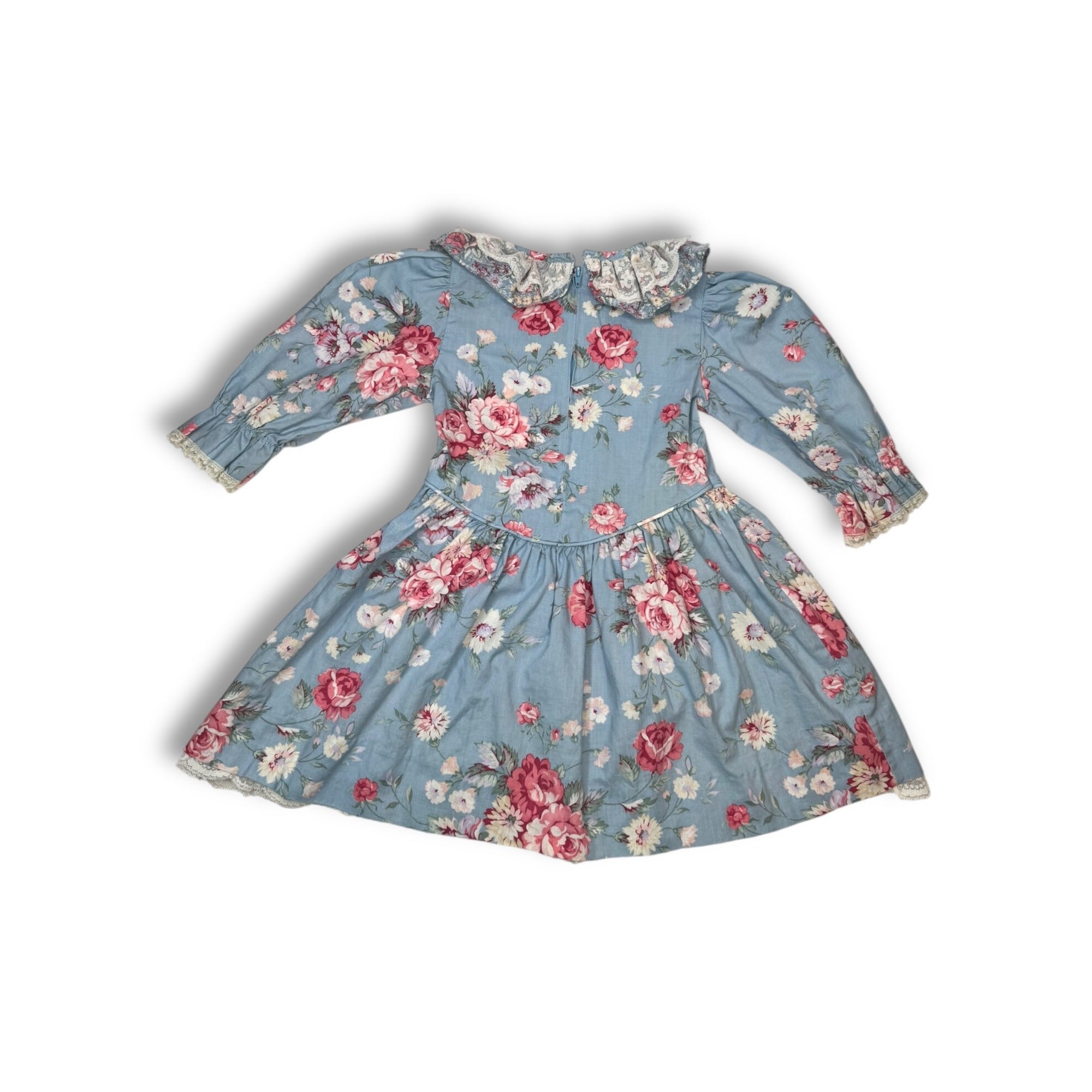 Vintage Le Maj Blue Pink Floral Cotton Toddler Dress Size 5 Made In USA