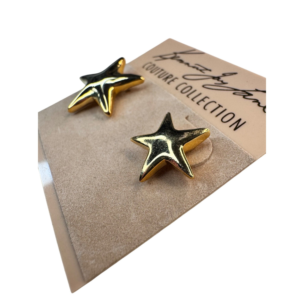 Kenneth Jay Lane Star Earrings Gold Tone Couture Collection Original Card 1990s