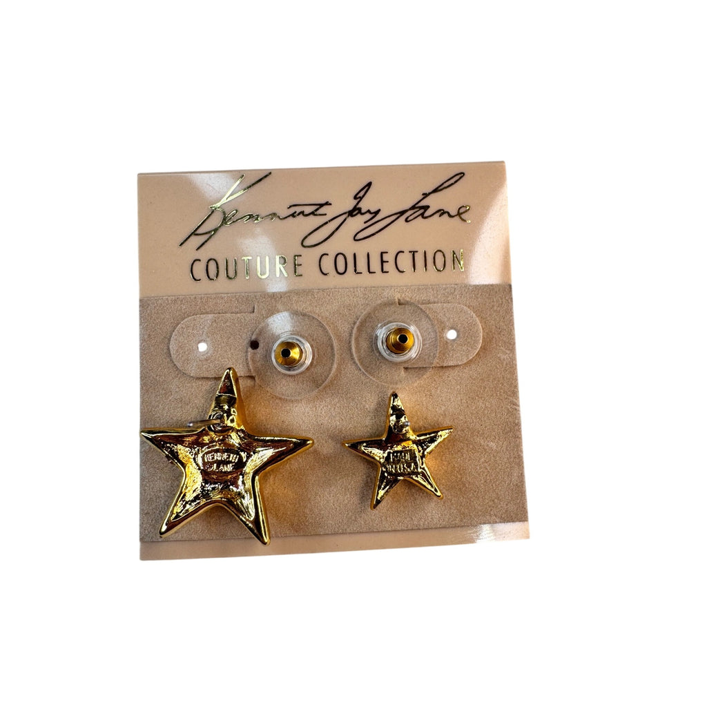 Kenneth Jay Lane Star Earrings Gold Tone Couture Collection Original Card 1990s