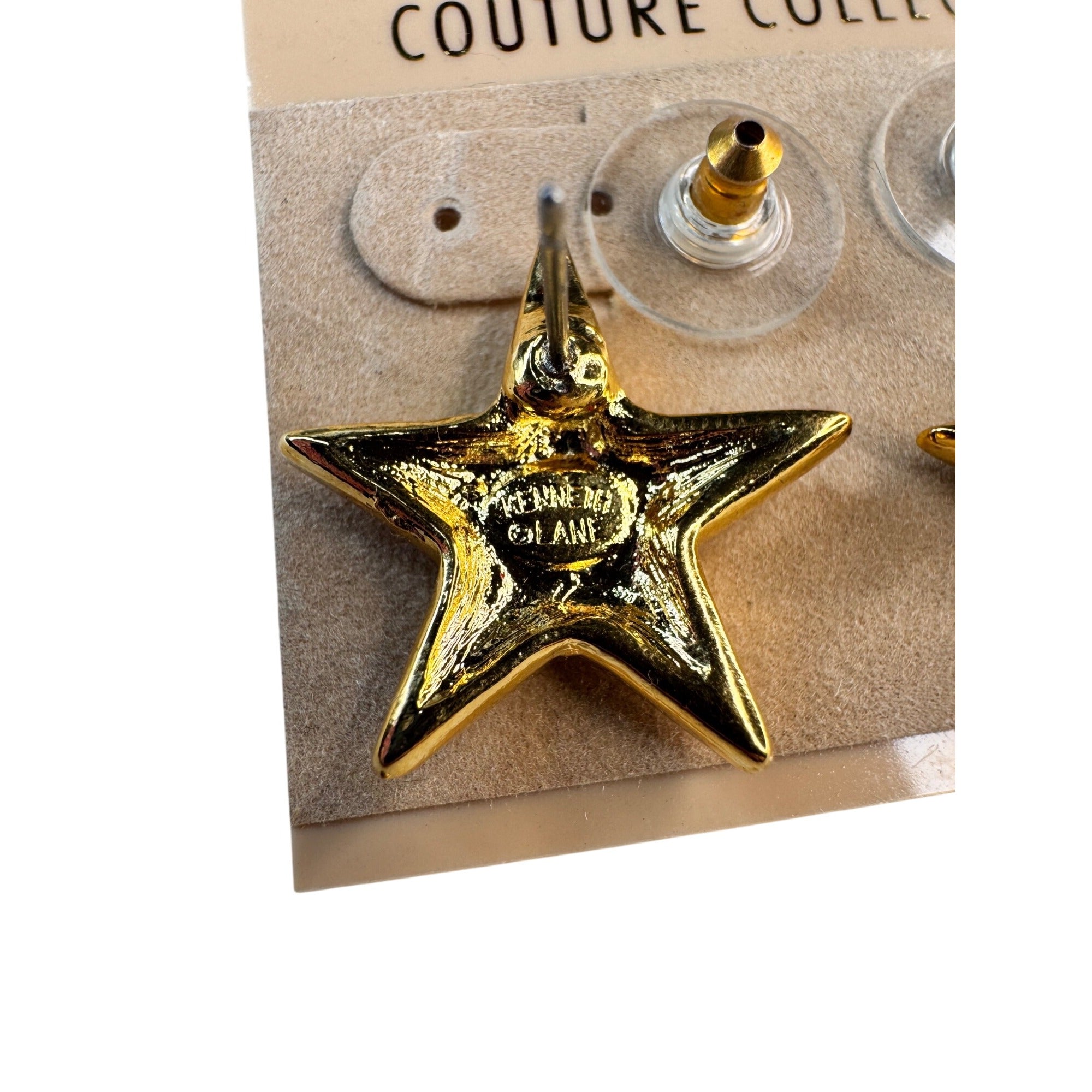 Kenneth Jay Lane Star Earrings Gold Tone Couture Collection Original Card 1990s