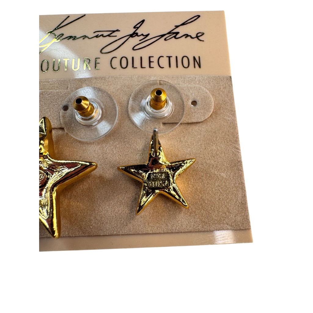 Kenneth Jay Lane Star Earrings Gold Tone Couture Collection Original Card 1990s