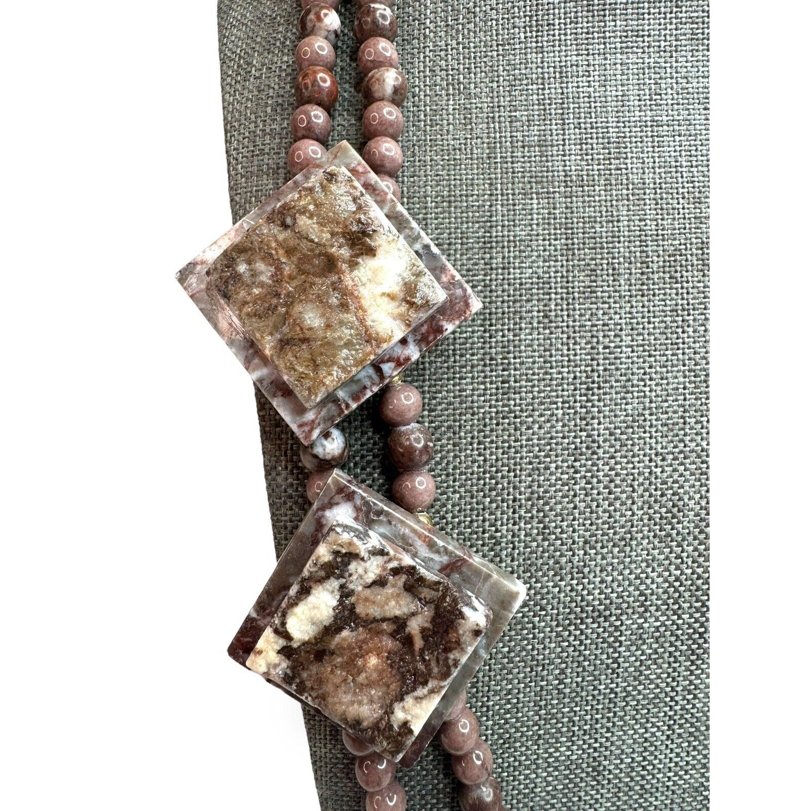 Vintage Karla Jordan Brown Pink Jasper Bead Necklace Earring Set 24” 1980s