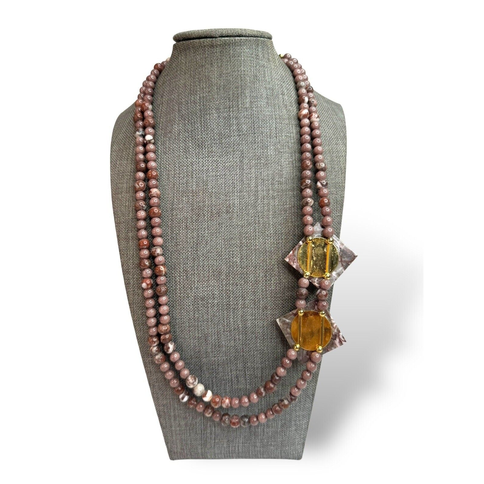 Vintage Karla Jordan Brown Pink Jasper Bead Necklace Earring Set 24” 1980s