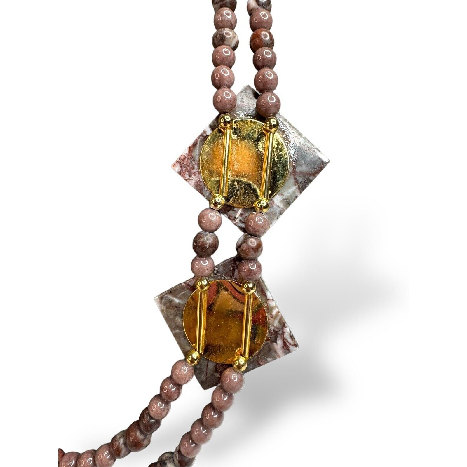 Vintage Karla Jordan Brown Pink Jasper Bead Necklace Earring Set 24” 1980s