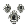 Vintage Whiting & Davis cameo brooch clip earring set silver tone glass 1950s