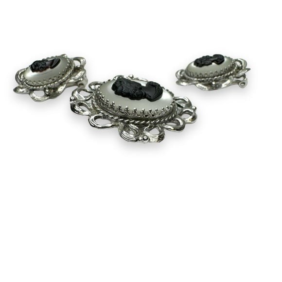 Vintage Whiting & Davis cameo brooch clip earring set silver tone glass 1950s