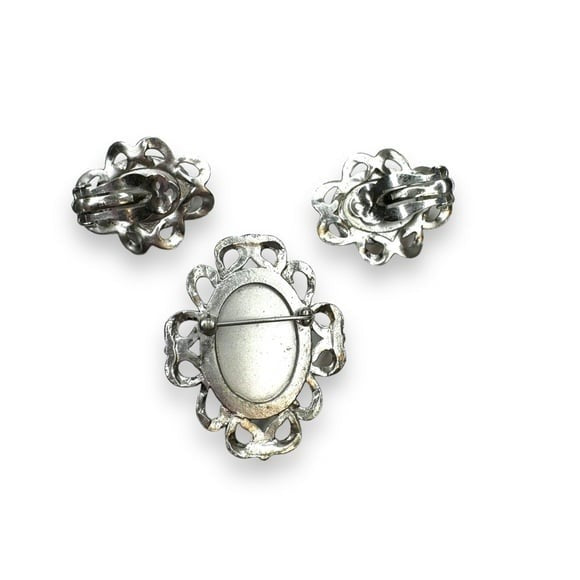 Vintage Whiting & Davis cameo brooch clip earring set silver tone glass 1950s