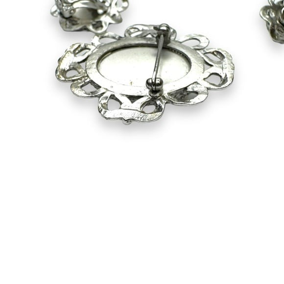 Vintage Whiting & Davis cameo brooch clip earring set silver tone glass 1950s