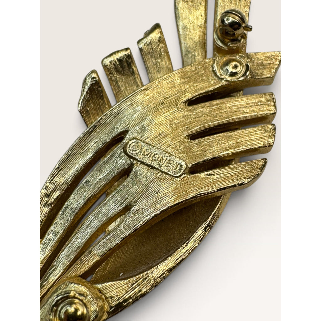 Vintage Monet Brushed Gold Tone Wheat Sheath Plume Brooch Pin Architectural 3.32"
