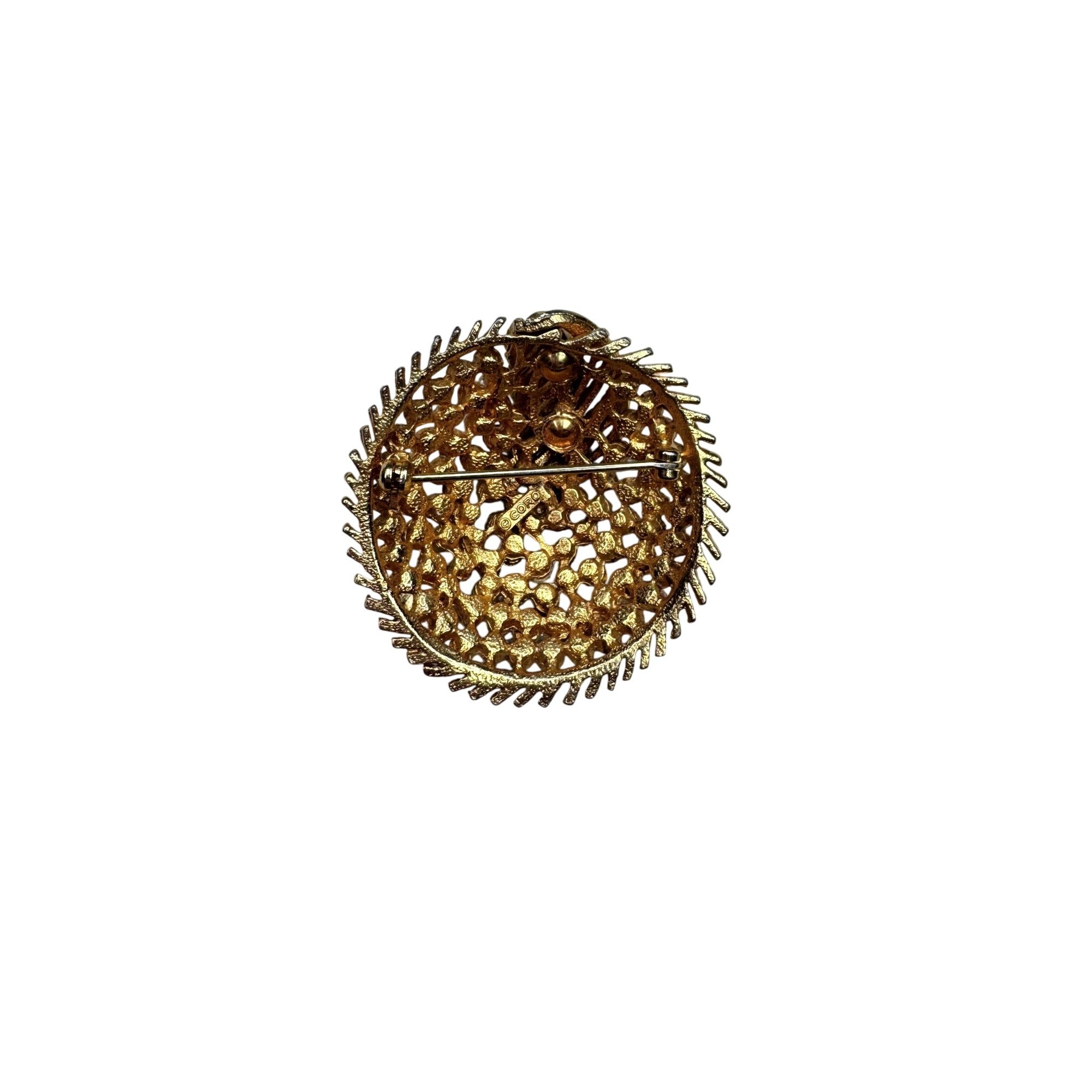 Coro Rhinestone Dome Brooch Gold Tone Pave Crystal Round 1950s Vintage