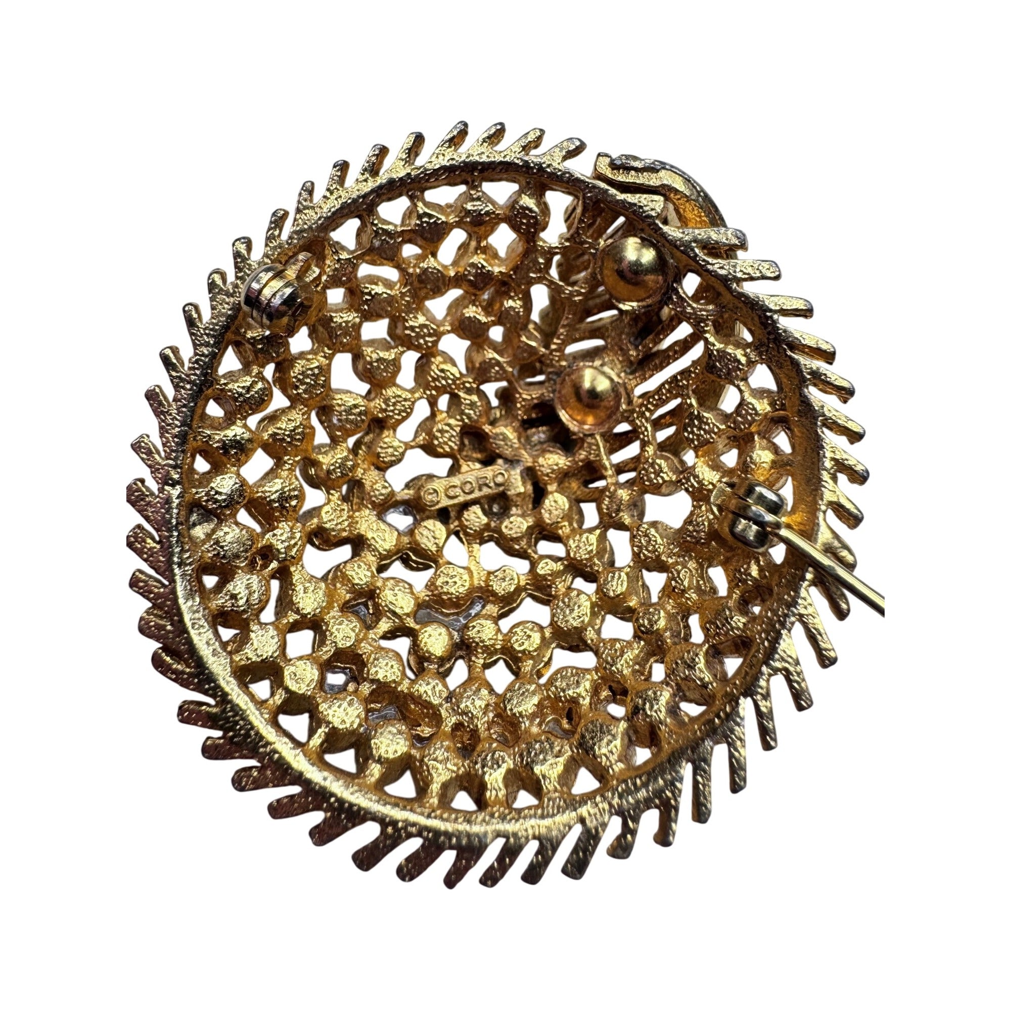 Coro Rhinestone Dome Brooch Gold Tone Pave Crystal Round 1950s Vintage