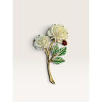 JJ Vintage 1970s Carved White Rose Ladybug Green Enamel Brooch Pin 2.46"
