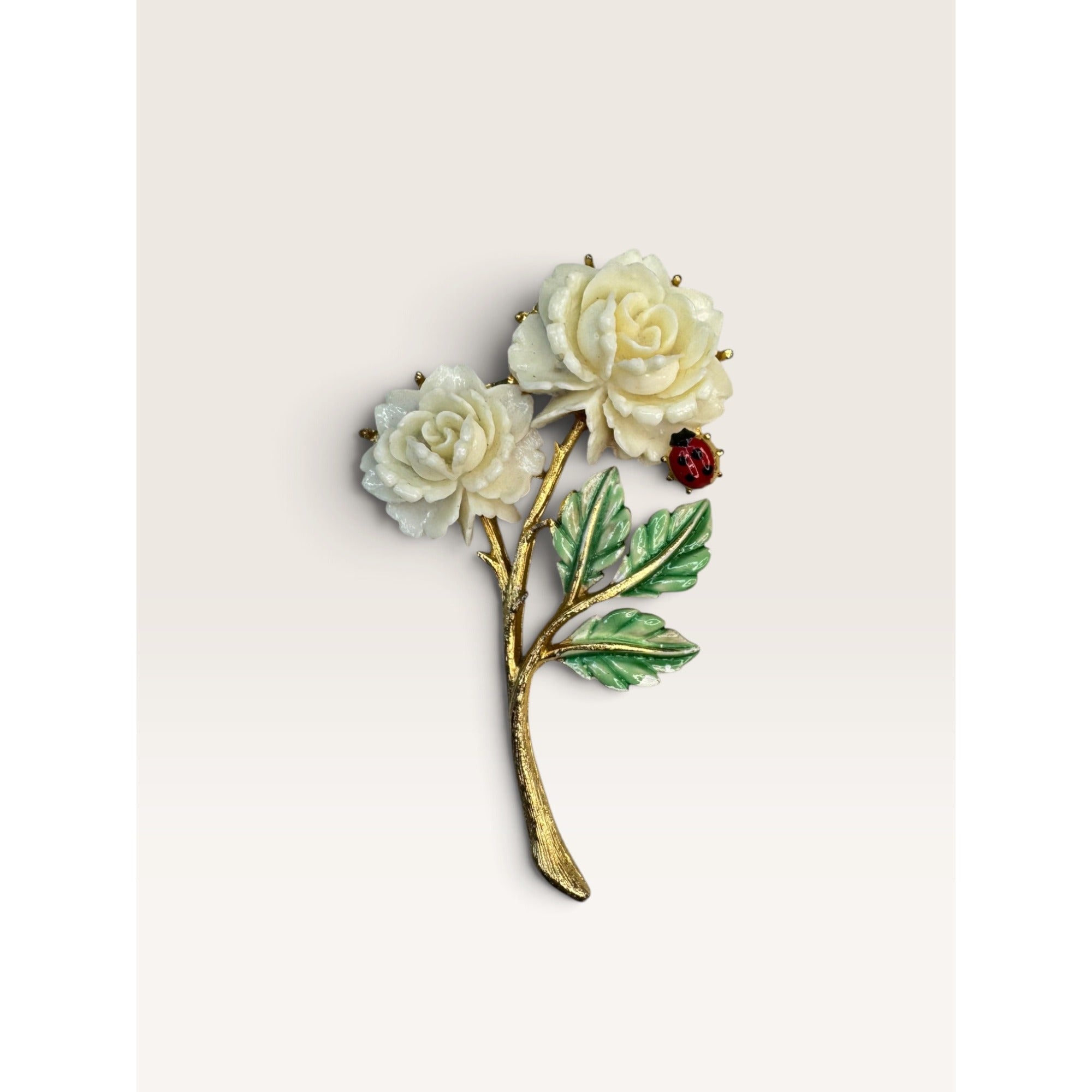 JJ Vintage 1970s Carved White Rose Ladybug Green Enamel Brooch Pin 2.46"