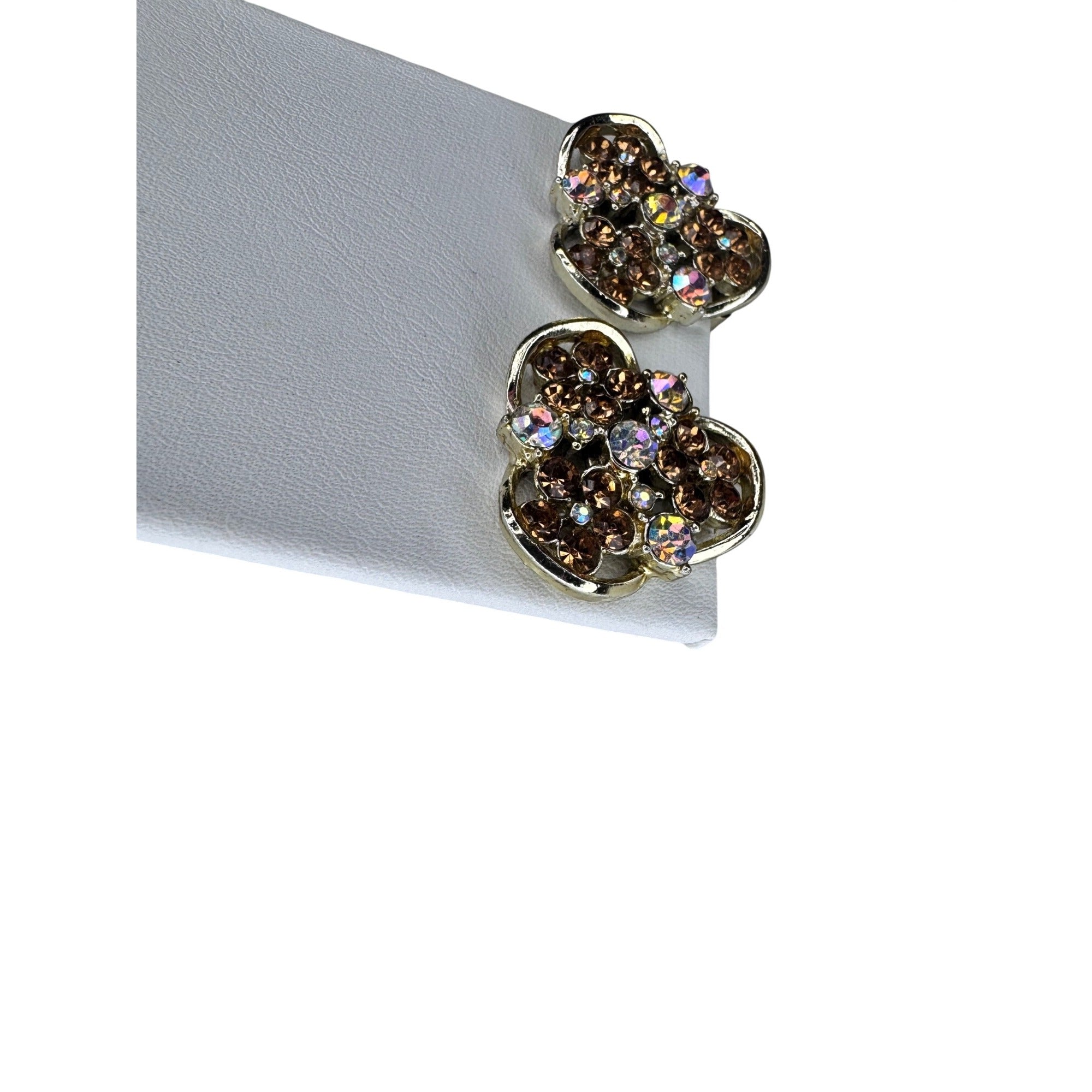 Rhinestone Cluster Earrings Gold Aurora Borealis 1980s Vintage