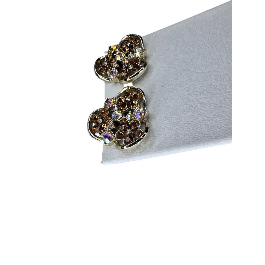 Rhinestone Cluster Earrings Gold Aurora Borealis 1980s Vintage