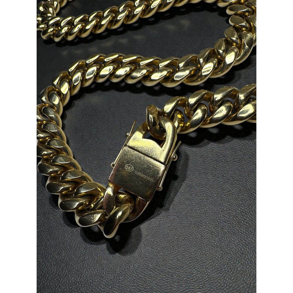 Gold Tone Stainless Steel Heavyweight Cuban Link Chain Necklace 24" 14mm 2000s