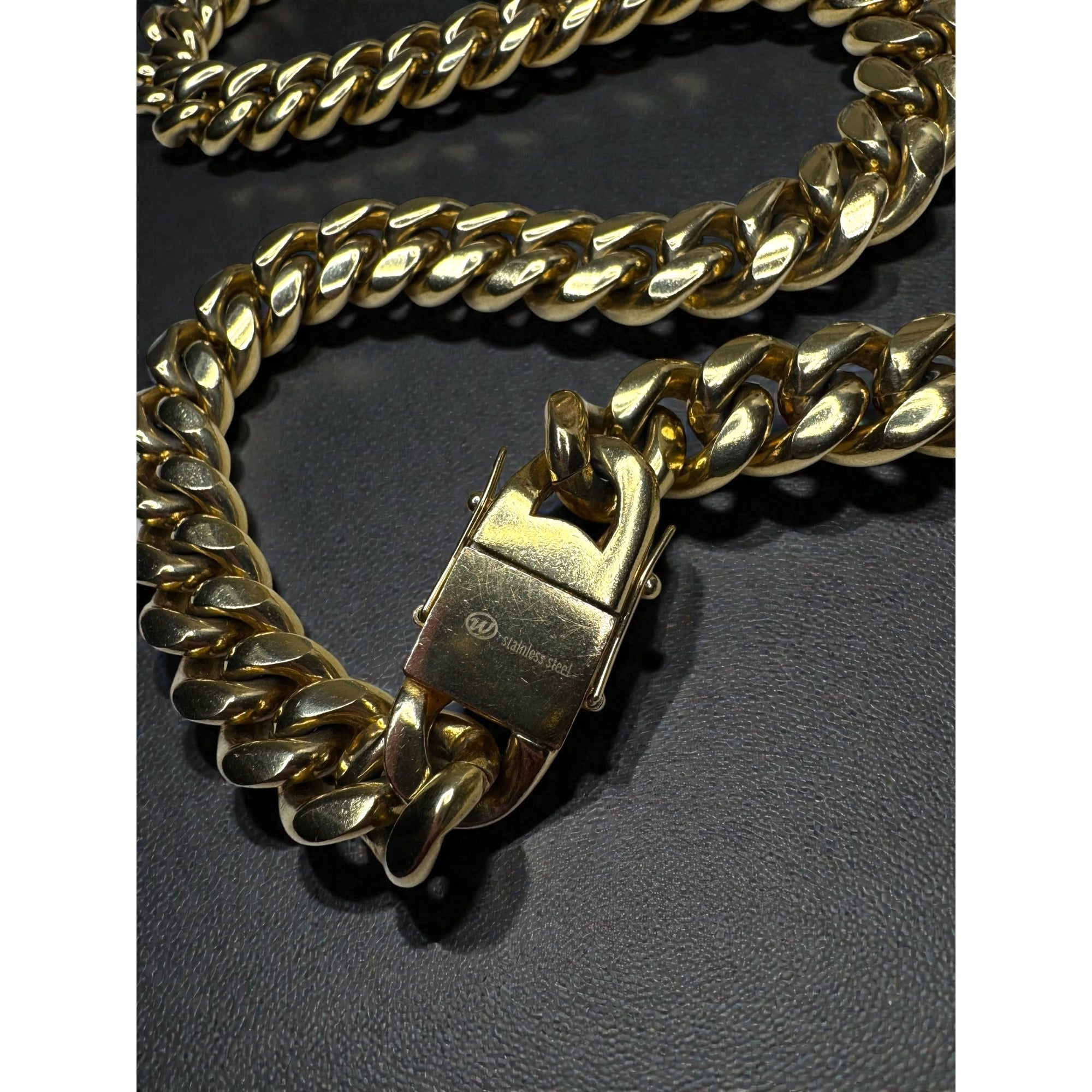 Gold Tone Stainless Steel Heavyweight Cuban Link Chain Necklace 24" 14mm 2000s