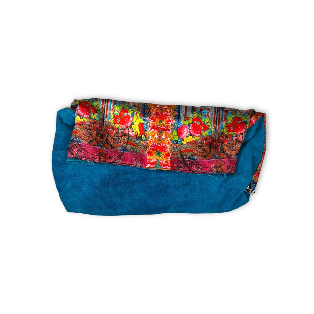 Khaadi Teal Leather Fold Over Bag Floral Lined Magnetic Closure Boho Modern