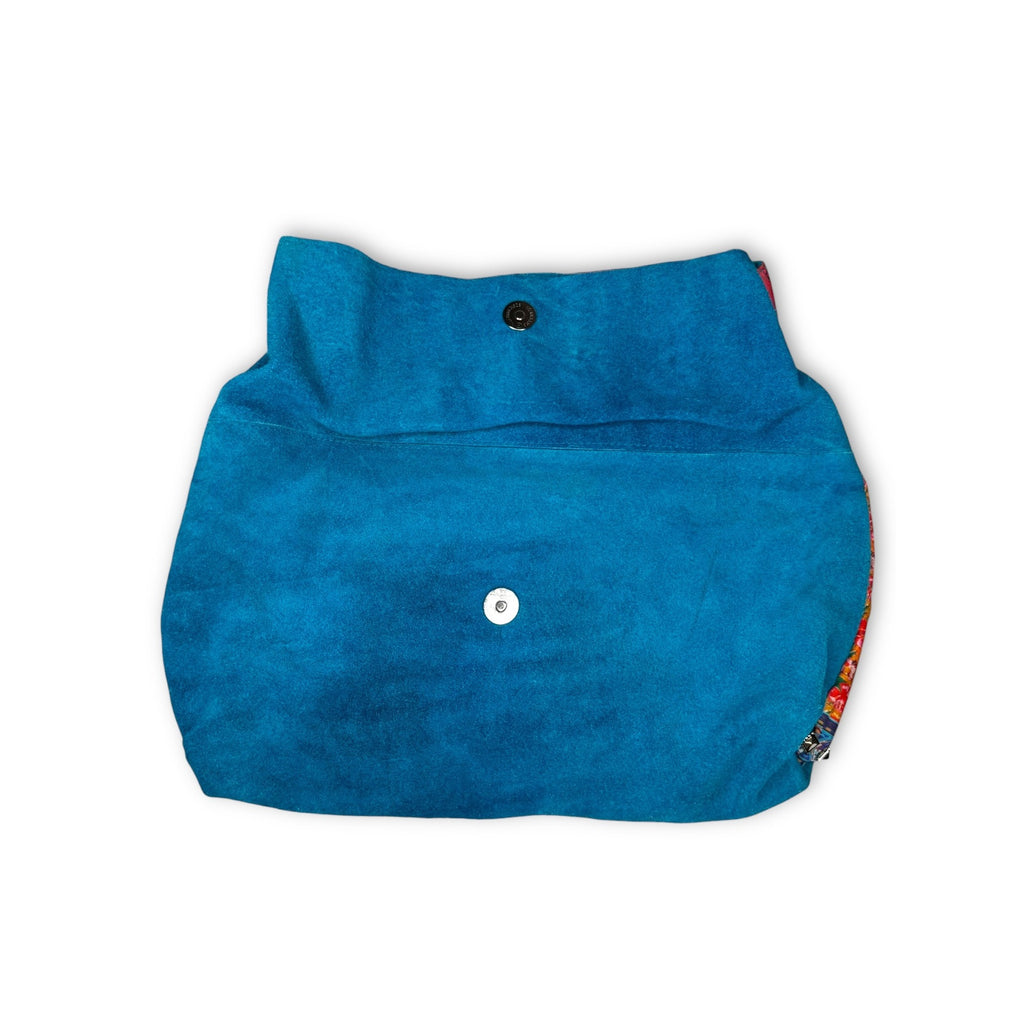 Khaadi Teal Leather Fold Over Bag Floral Lined Magnetic Closure Boho Modern
