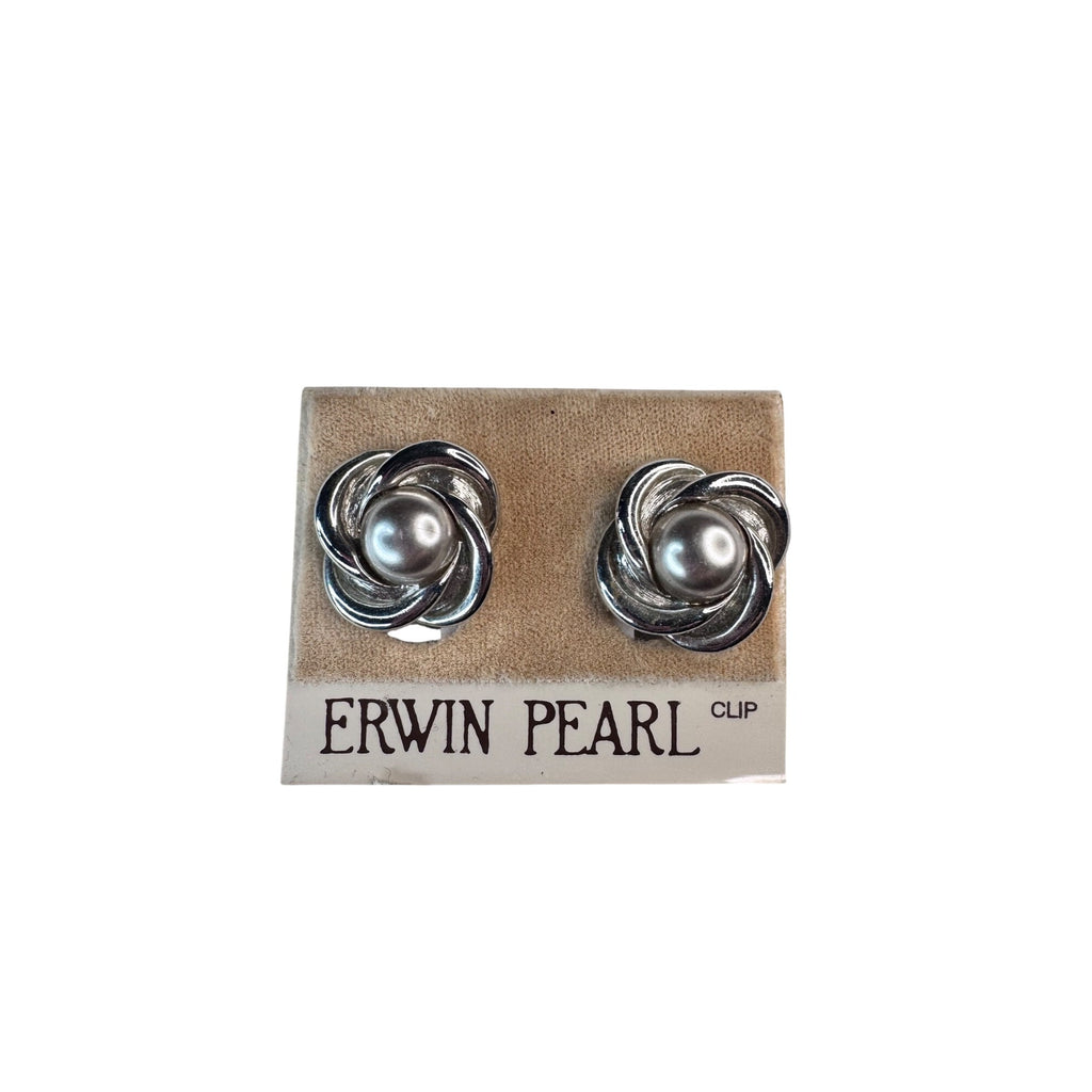 Erwin Pearl Clip On Earrings Silver Faux Pearl 1980s Vintage
